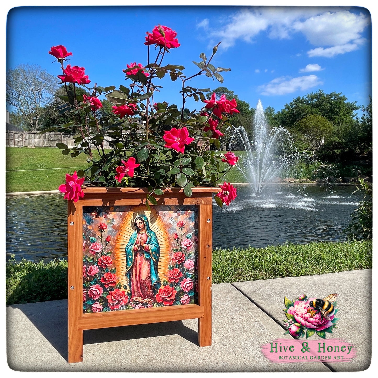 Lady of Guadalupe Rose Cedar Planter 15"x 15"