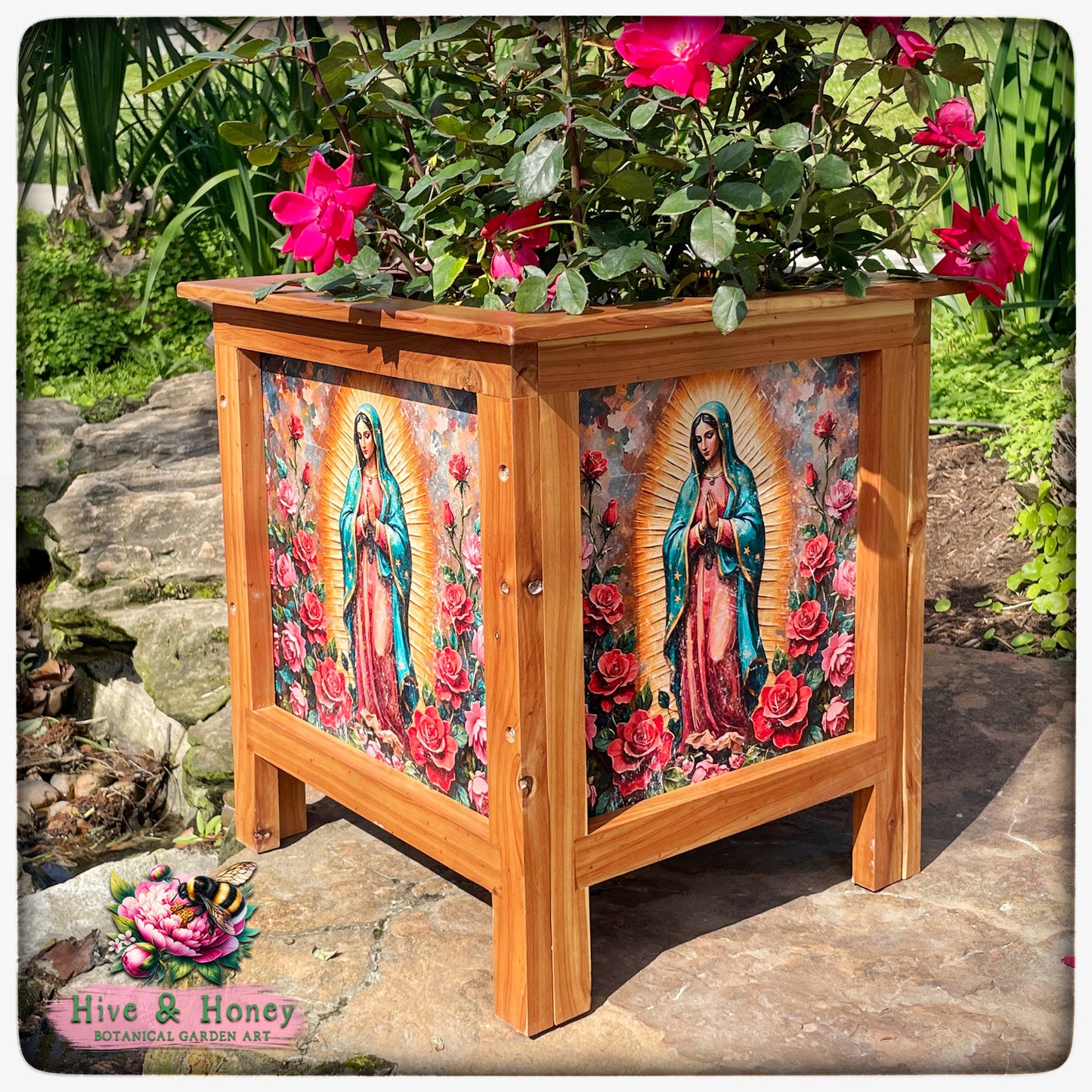 Lady of Guadalupe Rose Cedar Planter 15"x 15"