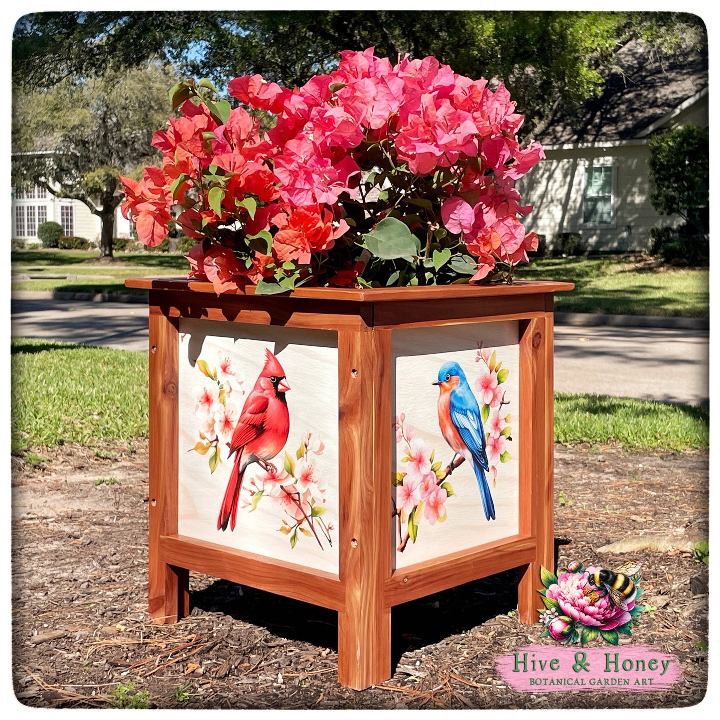 Cardinal, Bluebird, Blue Jay, Hummingbird Cedar Planter 15" x 15"