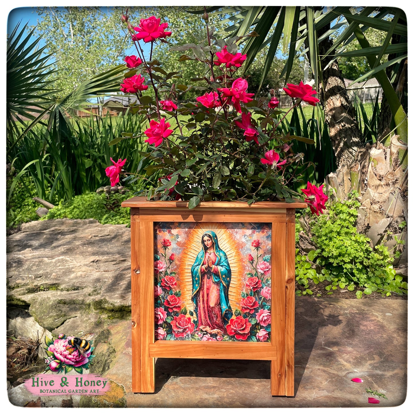 Lady of Guadalupe Rose Cedar Planter 15"x 15"