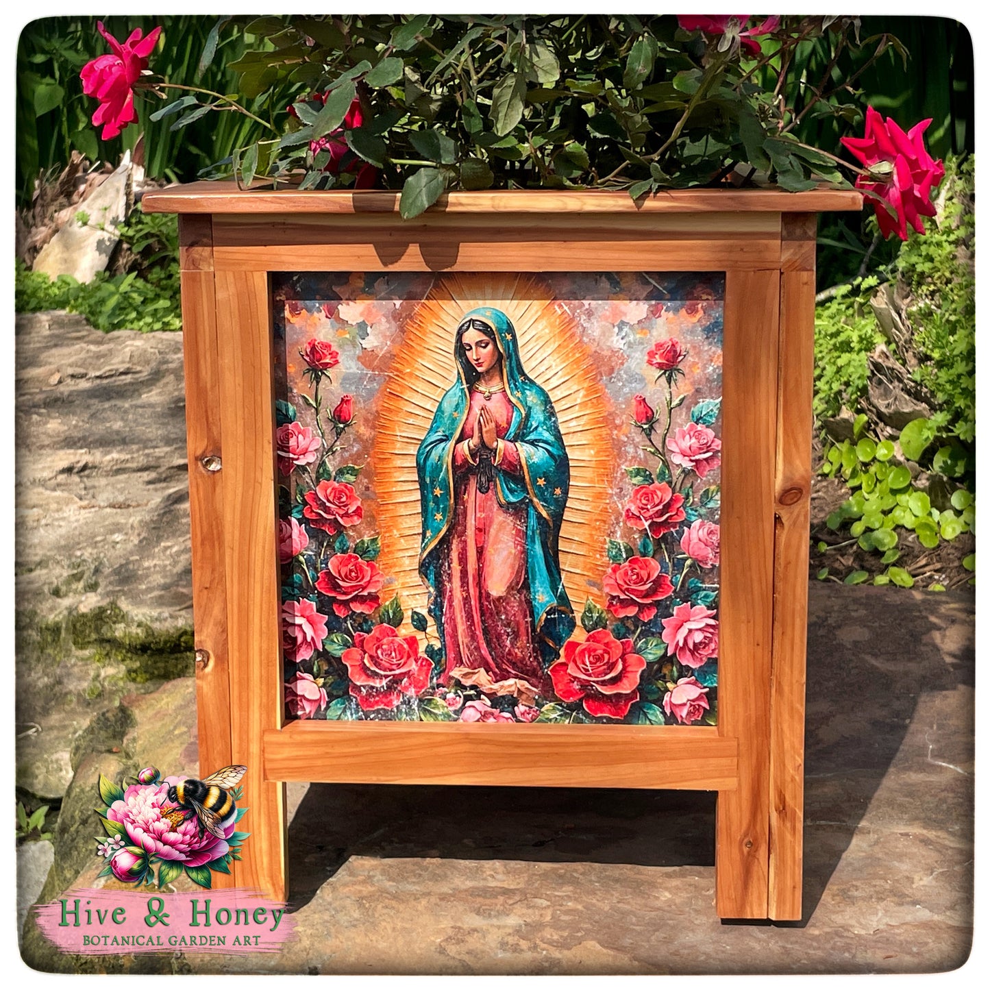 Lady of Guadalupe Rose Cedar Planter 15"x 15"